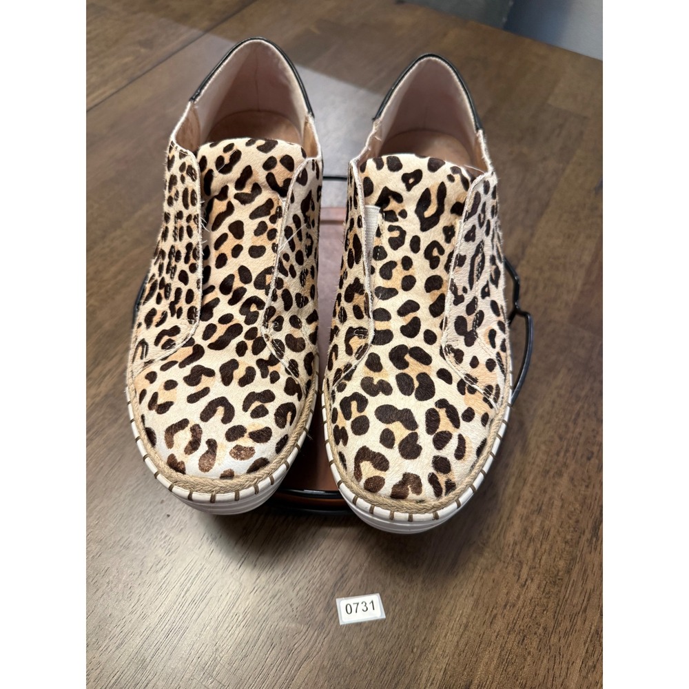 J/Slides NYC Leopard Calf Hair Slip On Platform Sneakers Womens 8.5 M Tan Black